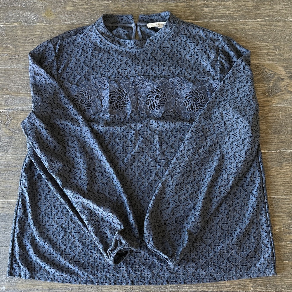 LOFT Navy Floral Lace Long Sleeve Top